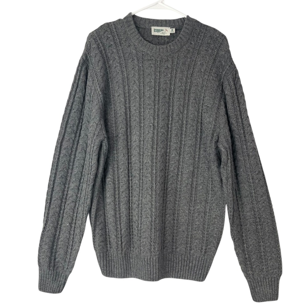 Wellen Grey Cable Knit Sweater Large Pullover Crew Neck Long Sleeve Seawool